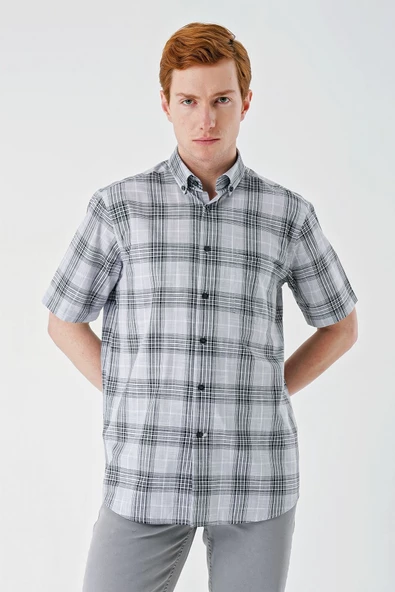 Siyah Kısa Kollu Ekoseli Cepli %100 Pamuk Klasik Comfort Fit Rahat Kesim Gömlek 1004240195 - Resim 3