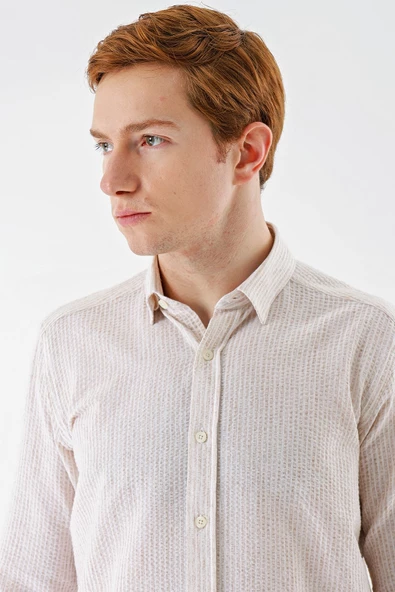 Bej Uzun Kollu Çizgili Biritli Yaka Pamuklu Likralı Casual Slim Fit Dar Kesim Gömlek 1004240233 - Resim 6