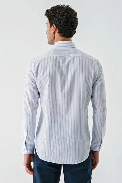 Beyaz Uzun Kollu Çizgili Armürlü Cepsiz Pamuklu Klasik Slim Fit Dar Kesim Gömlek 1004240229 - Resim 7