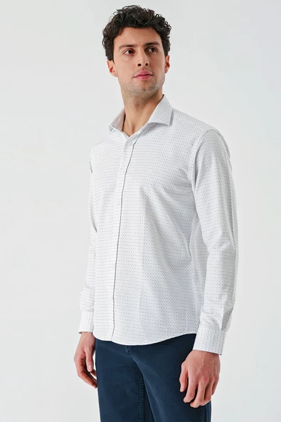 Bej Uzun Kollu Desenli Armürlü Cepsiz Pamuklu Klasik Slim Fit Dar Kesim Gömlek 1004240189 - 3