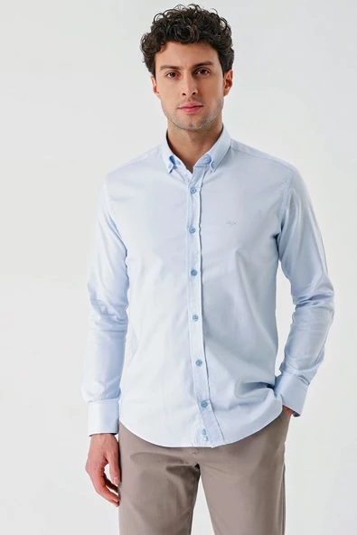 Koyu Mavi Uzun Kollu Oxford Cepsiz %100 Pamuk Klasik Slim Fit Dar Kesim Gömlek 1004240188