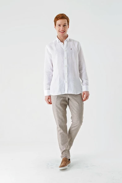 Beyaz Uzun Kollu Cepsiz Biyeli %100 Keten Klasik Comfort Fit Rahat Kesim Gömlek 1004240186 - Resim 7