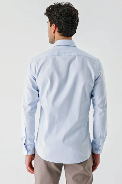 Koyu Mavi Uzun Kollu Oxford Cepsiz %100 Pamuk Klasik Slim Fit Dar Kesim Gömlek 1004240188 - Resim 7