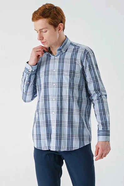 Koyu Mavi Uzun Kollu Ekoseli Cepli %100 Pamuk Klasik Comfort Fit Rahat Kesim Gömlek 1004240185 - Resim 2