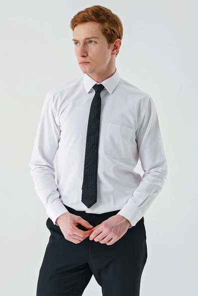 Beyaz Uzun Kollu Desenli Armürlü Sert Yaka Pamuklu Klasik Comfort Rahat Kesim Gömlek 1004240190 - Resim 7