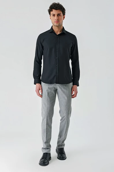 Siyah Uzun Kollu Oxford Cepsiz Pamuklu Klasik Slim Fit Dar Kesim Gömlek 1004240235 - Resim 5