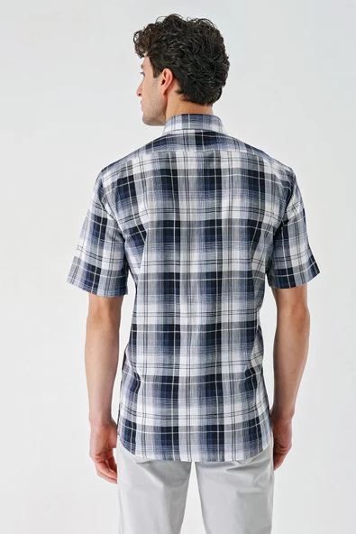 Lacivert Kısa Kollu Ekoseli Cepli %100 Pamuk Klasik Comfort Fit Rahat Kesim Gömlek 1004240196 - Resim 6