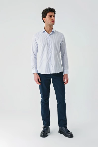 Beyaz Uzun Kollu Çizgili Armürlü Cepsiz Pamuklu Klasik Slim Fit Dar Kesim Gömlek 1004240229 - Resim 4