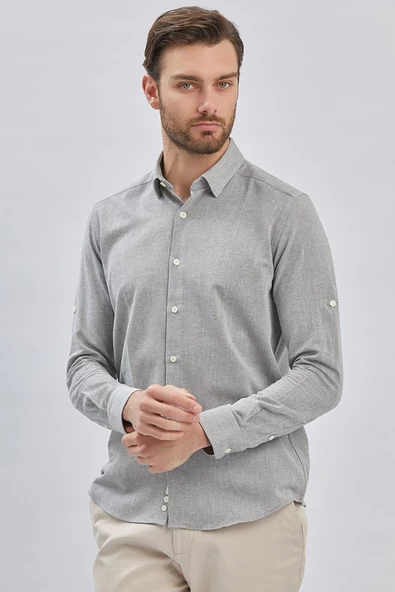 Gri Kısalabilir Kollu Armürlü Biritli Yaka Pamuklu Casual Slim Fit Dar Kesim Gömlek 1004240202