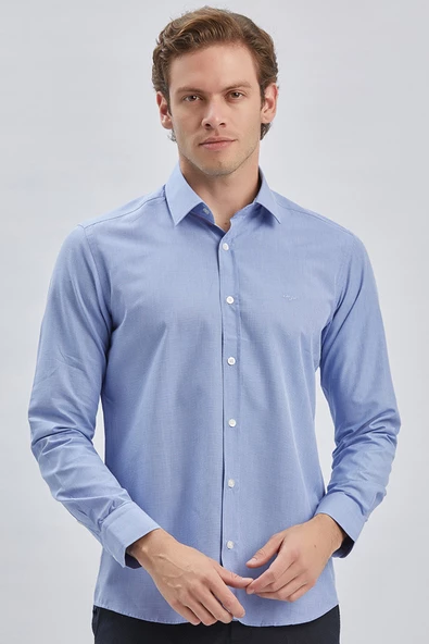 Mavi Uzun Kollu Bez Ayağı Sert Yaka Cepsiz Pamuklu Klasik Slim Fit Dar Kesim Gömlek 1004240230 - 4