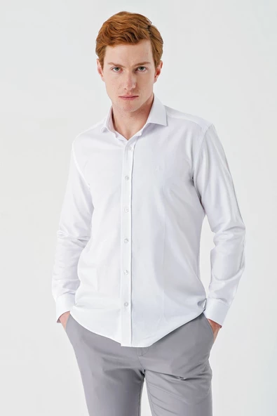 Beyaz Uzun Kollu Oxford Cepsiz Pamuklu Klasik Slim Fit Dar Kesim Gömlek 1004240235 - Resim 3