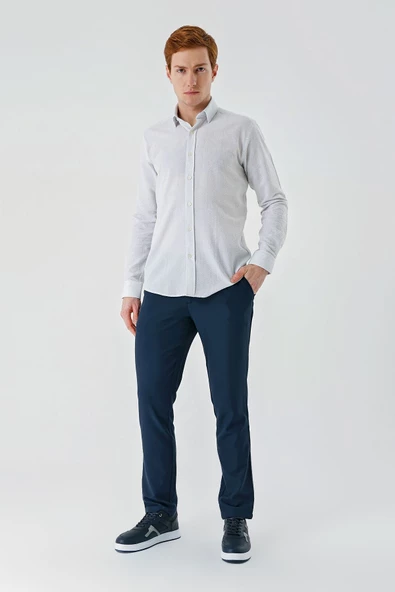 Koyu Mavi Uzun Kollu Biritli Yaka Pamuklu Likralı Casual Slim Fit Gömlek 1004240233 - Resim 5