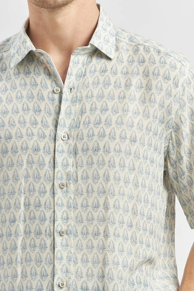 Koyu Mavi Kısa Kollu Baskılı Düğmeli Yaka Keten Casual Slim Fit Dar Kesim Gömlek 1004240241 - Resim 5