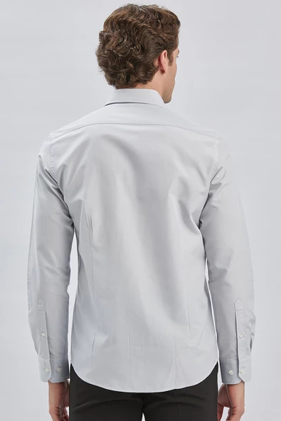 Gri Uzun Kollu Bez Ayağı Sert Yaka Cepsiz Pamuklu Klasik Slim Fit Dar Kesim Gömlek 1004240230 - Resim 5