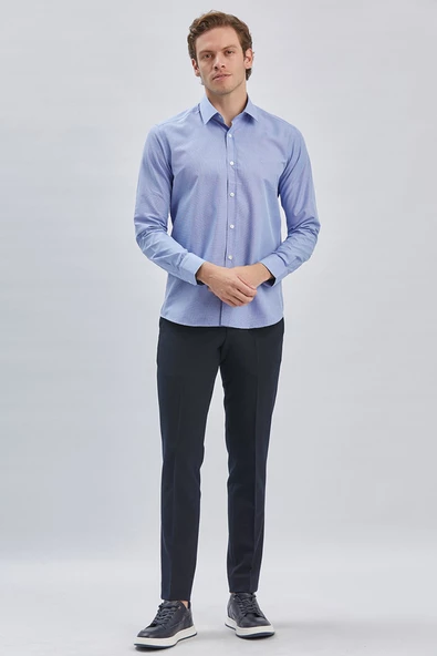 Mavi Uzun Kollu Bez Ayağı Sert Yaka Cepsiz Pamuklu Klasik Slim Fit Dar Kesim Gömlek 1004240230