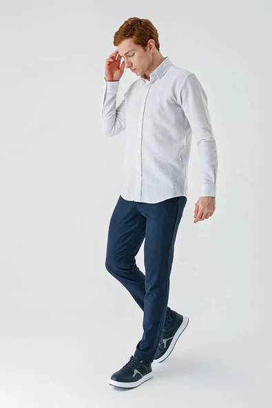 Koyu Mavi Uzun Kollu Biritli Yaka Pamuklu Likralı Casual Slim Fit Gömlek 1004240233 - Resim 6