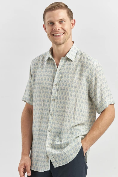 Koyu Mavi Kısa Kollu Baskılı Düğmeli Yaka Keten Casual Slim Fit Dar Kesim Gömlek 1004240241 - Resim 2