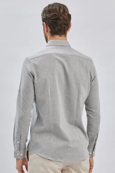 Gri Kısalabilir Kollu Armürlü Biritli Yaka Pamuklu Casual Slim Fit Dar Kesim Gömlek 1004240202 - Resim 5