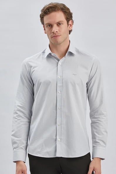 Gri Uzun Kollu Bez Ayağı Sert Yaka Cepsiz Pamuklu Klasik Slim Fit Dar Kesim Gömlek 1004240230 - Resim 4