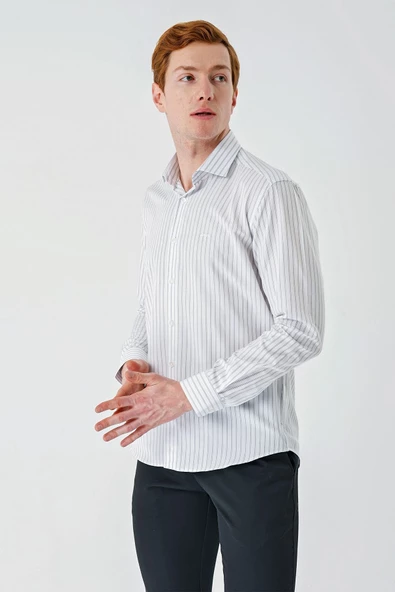 Beyaz Uzun Kollu Çizgili Armürlü Cepsiz Pamuklu Klasik Slim Fit Dar Kesim Gömlek 1004240229