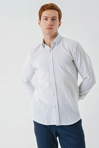 Koyu Mavi Uzun Kollu Biritli Yaka Pamuklu Likralı Casual Slim Fit Gömlek 1004240233 - Resim 4