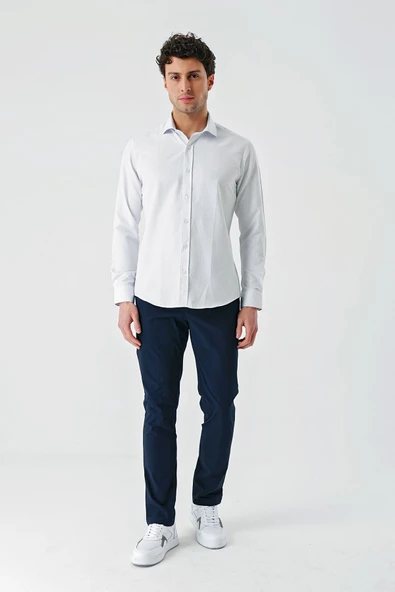 Mavi Uzun Kollu Desenli Armürlü Cepsiz Pamuklu Klasik Slim Fit Dar Kesim Gömlek 1004240189 - 4