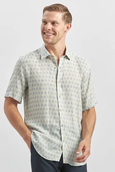 Koyu Mavi Kısa Kollu Baskılı Düğmeli Yaka Keten Casual Slim Fit Dar Kesim Gömlek 1004240241 - Resim 4