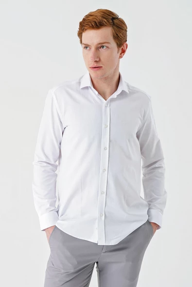 Beyaz Uzun Kollu Oxford Cepsiz Pamuklu Klasik Slim Fit Dar Kesim Gömlek 1004240235