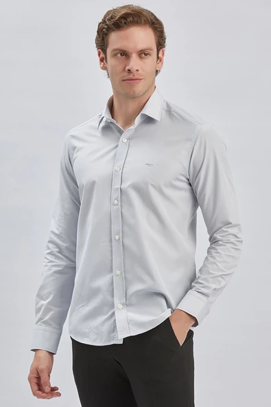 Gri Uzun Kollu Bez Ayağı Sert Yaka Cepsiz Pamuklu Klasik Slim Fit Dar Kesim Gömlek 1004240230 - Resim 2
