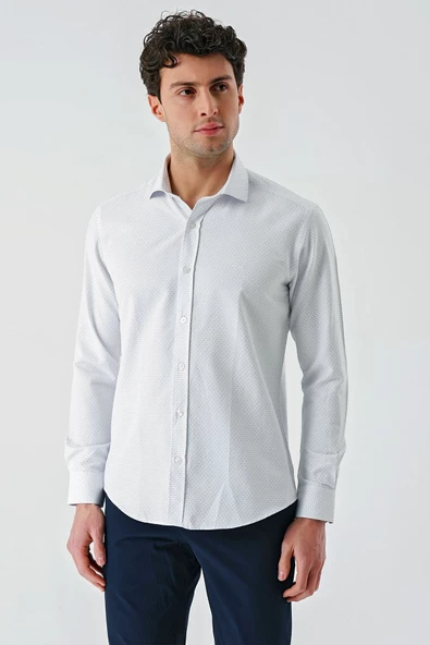 Mavi Uzun Kollu Desenli Armürlü Cepsiz Pamuklu Klasik Slim Fit Dar Kesim Gömlek 1004240189 - 2
