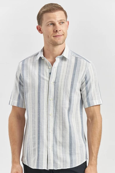 Koyu Lacivert Kısa Kollu Çizgili Armürlü Pamuklu Casual Slim Fit Dar Kesim Gömlek 1004240243 - Resim 2