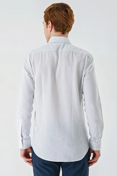 Koyu Mavi Uzun Kollu Biritli Yaka Pamuklu Likralı Casual Slim Fit Gömlek 1004240233 - Resim 2