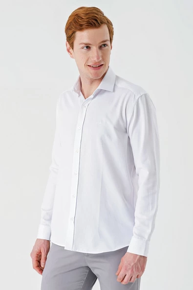 Beyaz Uzun Kollu Oxford Cepsiz Pamuklu Klasik Slim Fit Dar Kesim Gömlek 1004240235 - Resim 2