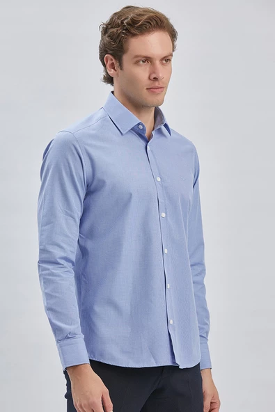 Mavi Uzun Kollu Bez Ayağı Sert Yaka Cepsiz Pamuklu Klasik Slim Fit Dar Kesim Gömlek 1004240230 - 3