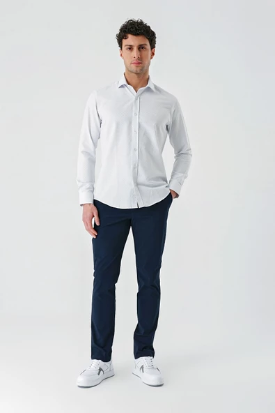Mavi Uzun Kollu Desenli Armürlü Cepsiz Pamuklu Klasik Slim Fit Dar Kesim Gömlek 1004240189 - 6