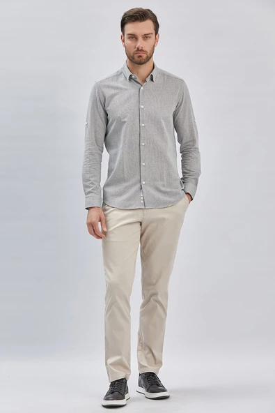 Gri Kısalabilir Kollu Armürlü Biritli Yaka Pamuklu Casual Slim Fit Dar Kesim Gömlek 1004240202 - Resim 2