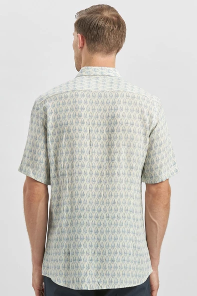 Koyu Mavi Kısa Kollu Baskılı Düğmeli Yaka Keten Casual Slim Fit Dar Kesim Gömlek 1004240241 - Resim 6