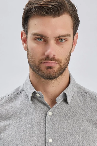 Gri Kısalabilir Kollu Armürlü Biritli Yaka Pamuklu Casual Slim Fit Dar Kesim Gömlek 1004240202 - Resim 6