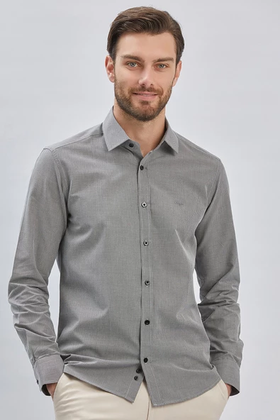 Siyah Uzun Kollu Bez Ayağı Sert Yaka Cepsiz Pamuklu Klasik Slim Fit Dar Kesim Gömlek 1004240230 - Resim 2