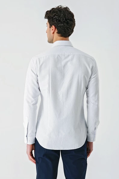 Mavi Uzun Kollu Desenli Armürlü Cepsiz Pamuklu Klasik Slim Fit Dar Kesim Gömlek 1004240189 - 7