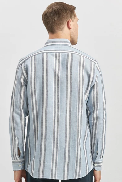 Koyu Mavi Kısalabilir Kollu Çizgili %100 Pamuk Casual Comfort Fit Gömlek 1004240246 - Resim 6