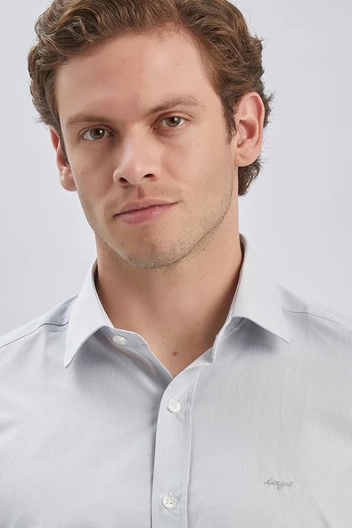 Gri Uzun Kollu Bez Ayağı Sert Yaka Cepsiz Pamuklu Klasik Slim Fit Dar Kesim Gömlek 1004240230 - Resim 6