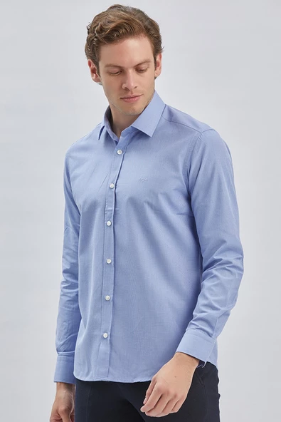 Mavi Uzun Kollu Bez Ayağı Sert Yaka Cepsiz Pamuklu Klasik Slim Fit Dar Kesim Gömlek 1004240230 - 2