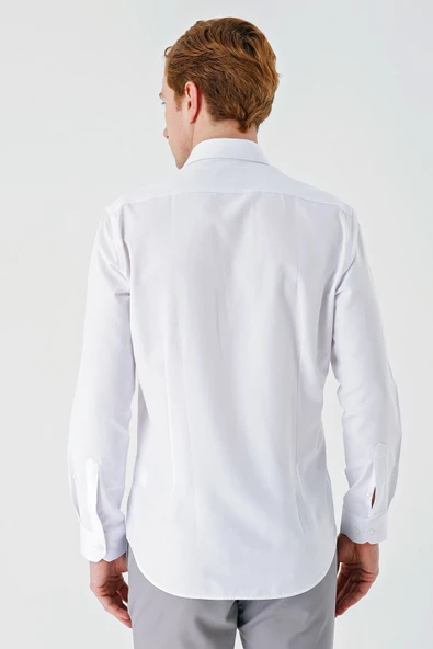 Beyaz Uzun Kollu Oxford Cepsiz Pamuklu Klasik Slim Fit Dar Kesim Gömlek 1004240235 - Resim 6