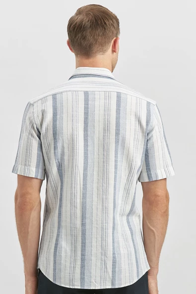 Koyu Lacivert Kısa Kollu Çizgili Armürlü Pamuklu Casual Slim Fit Dar Kesim Gömlek 1004240243 - Resim 6