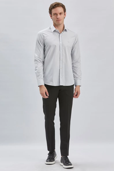 Gri Uzun Kollu Bez Ayağı Sert Yaka Cepsiz Pamuklu Klasik Slim Fit Dar Kesim Gömlek 1004240230