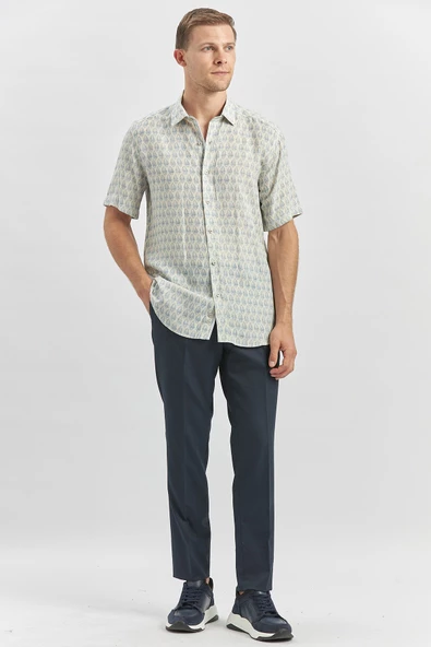 Koyu Mavi Kısa Kollu Baskılı Düğmeli Yaka Keten Casual Slim Fit Dar Kesim Gömlek 1004240241 - Resim 3