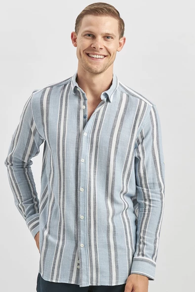 Koyu Mavi Kısalabilir Kollu Çizgili %100 Pamuk Casual Comfort Fit Gömlek 1004240246 - Resim 5