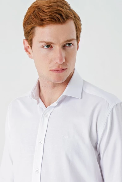 Beyaz Uzun Kollu Oxford Cepsiz Pamuklu Klasik Slim Fit Dar Kesim Gömlek 1004240235 - Resim 4