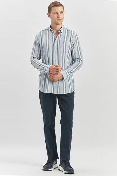 Koyu Mavi Kısalabilir Kollu Çizgili %100 Pamuk Casual Comfort Fit Gömlek 1004240246 - Resim 4